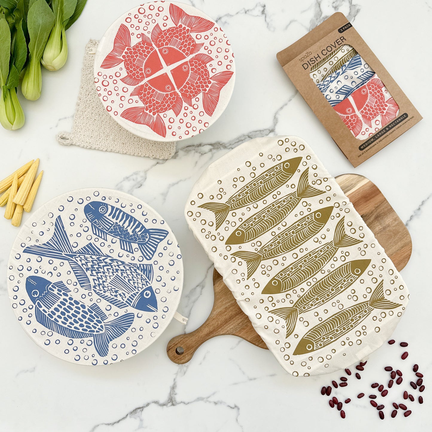 Dish Cover Set of 3 with rectangle and 2 rounds | Fish Print