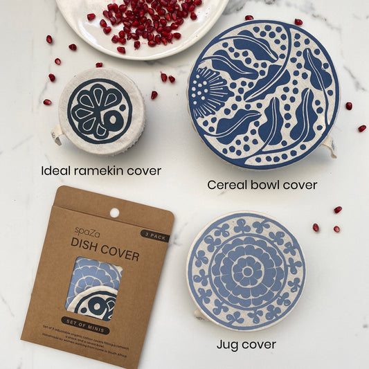 Set of 3 Small Variety Dish Covers 9, 12, 17 cm / 3.5, 4.5, 7in blue prints