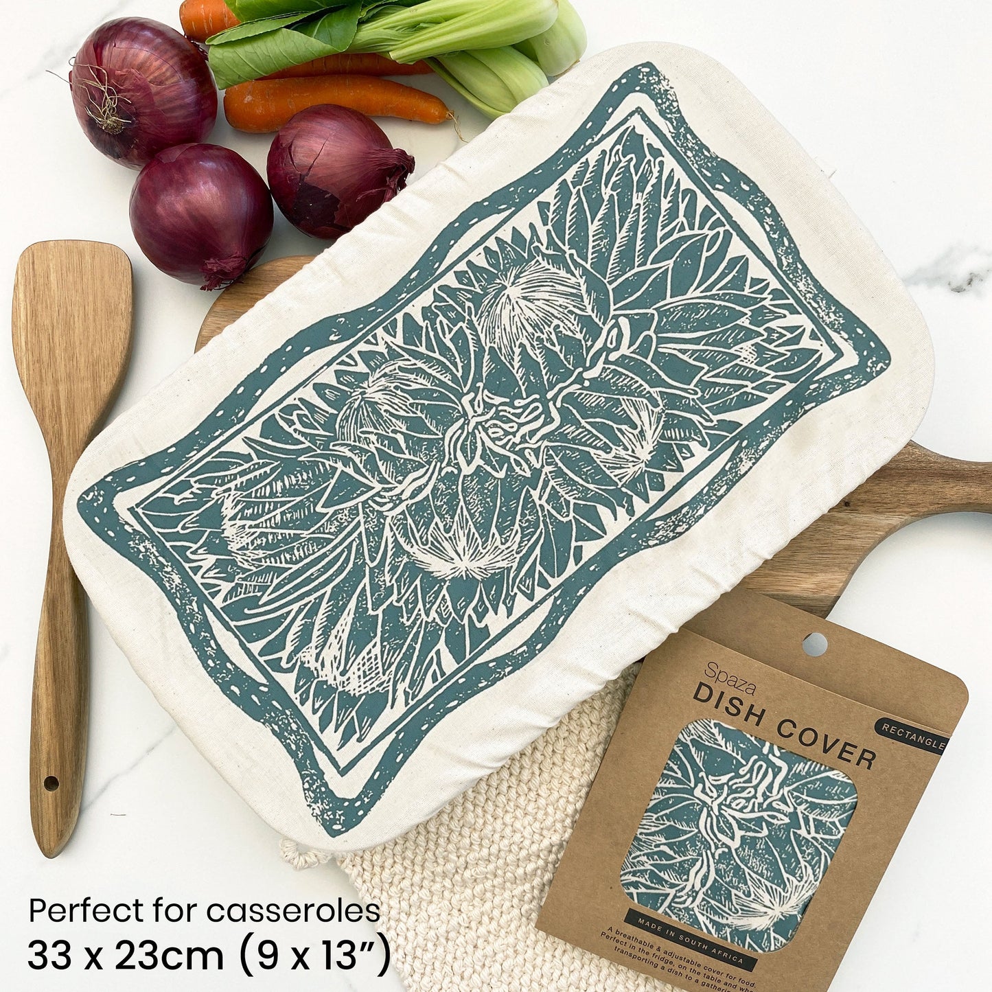 Dish and Casserole Cover 13x 9 Rectangle Protea Print cloth cover for a casserole dish